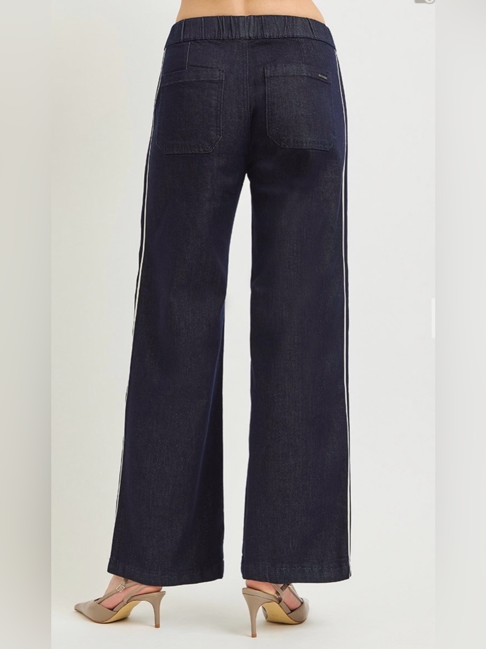 142. RISEN Dark Denim Wide Leg Denim Pants with White Side Stripes NEW - Picture 4 of 4